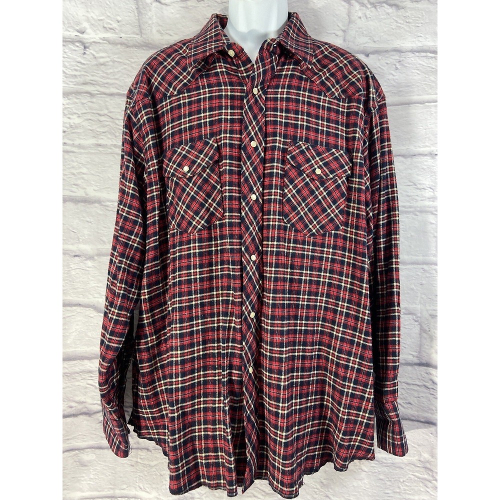 Wrangler‎ Flannel Shirt Men's XXL Red Plaid Long Sleeve Western Pearl Snap